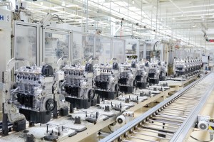 Production line for manufactoring of the engines in the car factory.